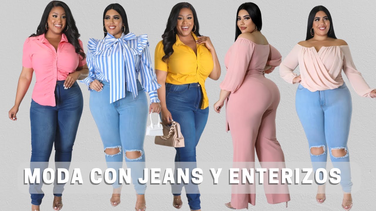 moda para gorditas  con pantalones jeans y enterizos  Estilos en moda plus size 2022