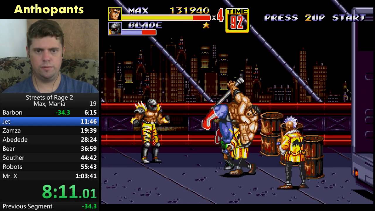 Streets of Rage 2: Max Mania no Continue Speedrun (1:03:34)
