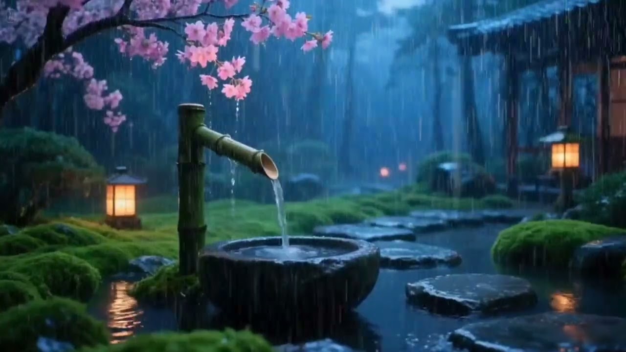 Quiet Night Rain and Piano in a Zen Garden | Sleep Support and Serenity