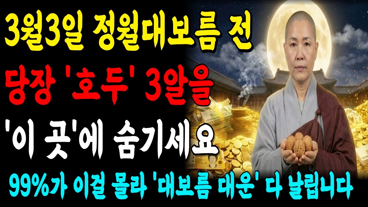 3월 3일 대보름 전, 당장 호두 3알을 '이곳'에 숨기세요. 평생 괴롭히던 가난 귀신이 박살 나고 10년 대운이 폭포수처럼 쏟아집니다 | 2026년 대운 | 재물운 | 풍수비방