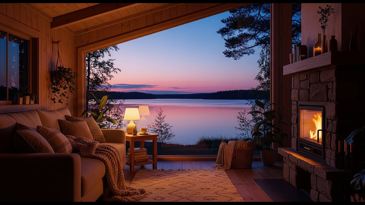 Cozy Cabin Fireplace by the Lake at Sunset | Relaxing Evening Ambience