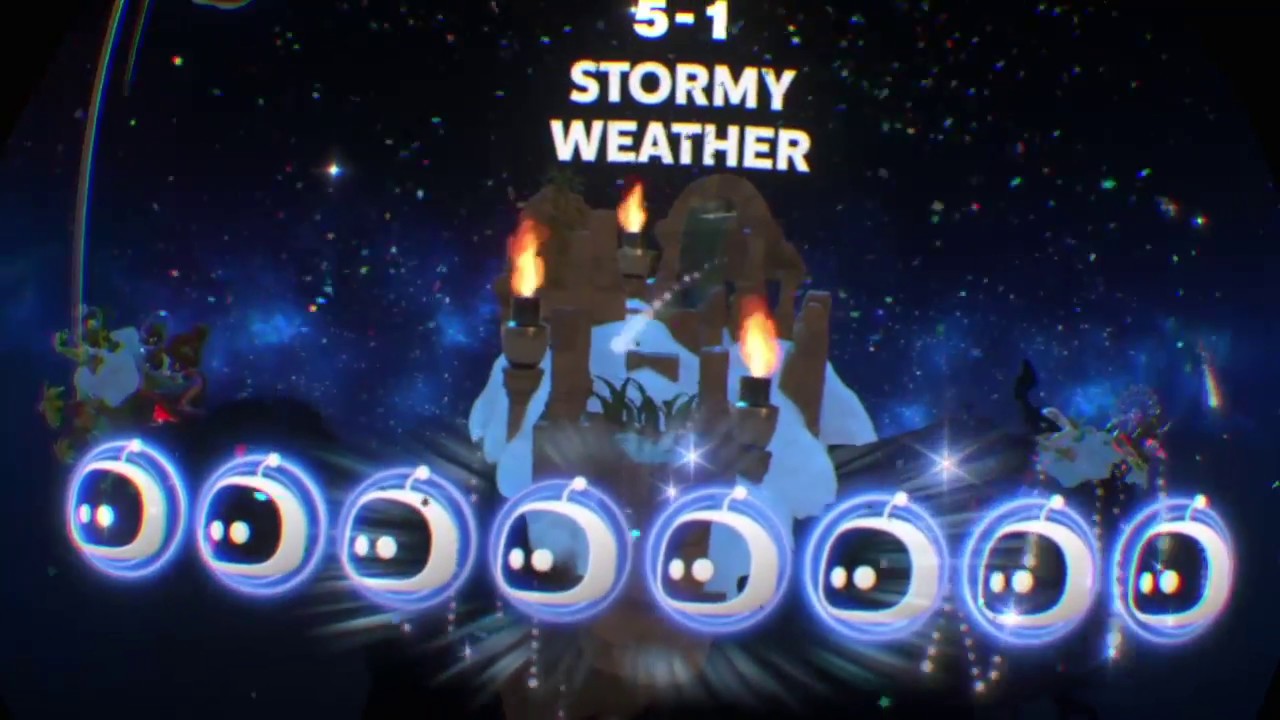 Astro Bot Rescue Mission Level 5-1 Stormy Weather 100% Walkthrough 8 Robots + Chameleon