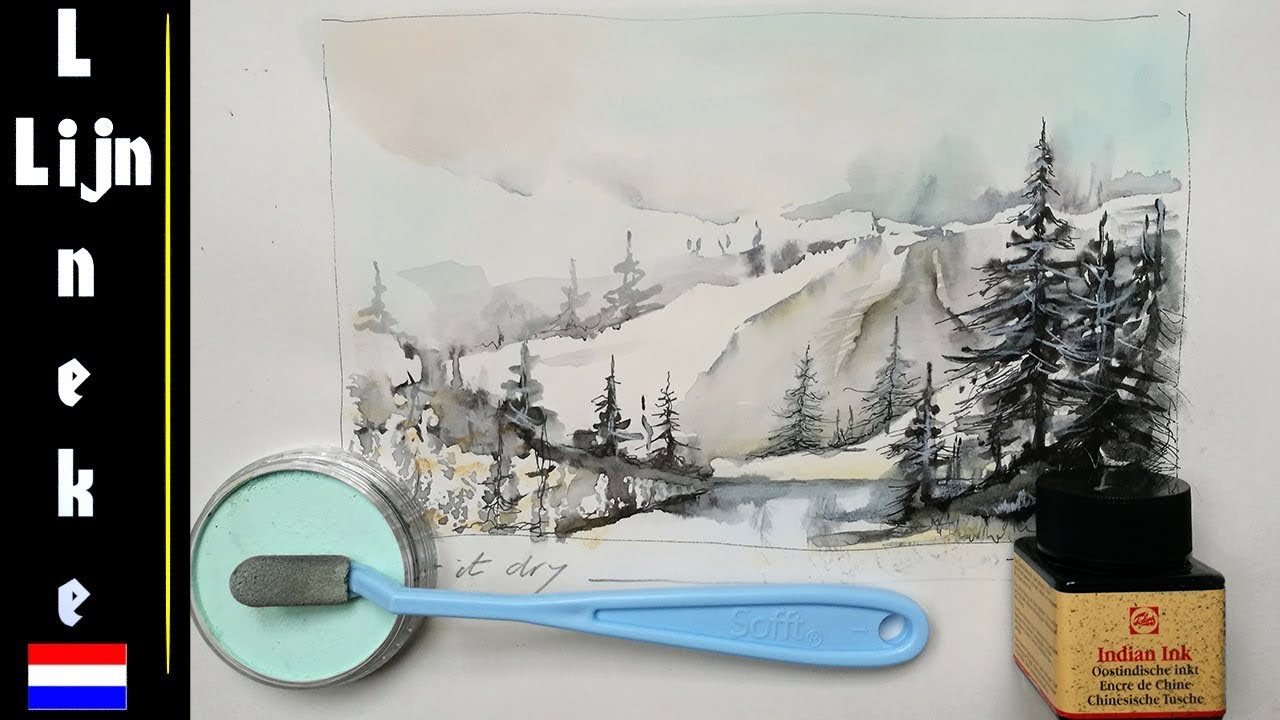 Landschap tekenen Beginners Inkt Pastel tekening