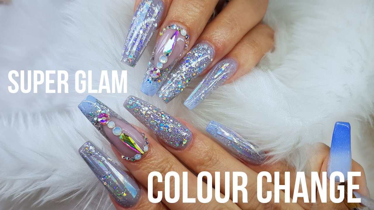 LONG ACRYLIC NAILS BLUE GLAM HOLOGRAPHIC | COLOUR CHANGE ACRYLIC | EXTREME SPARKLE