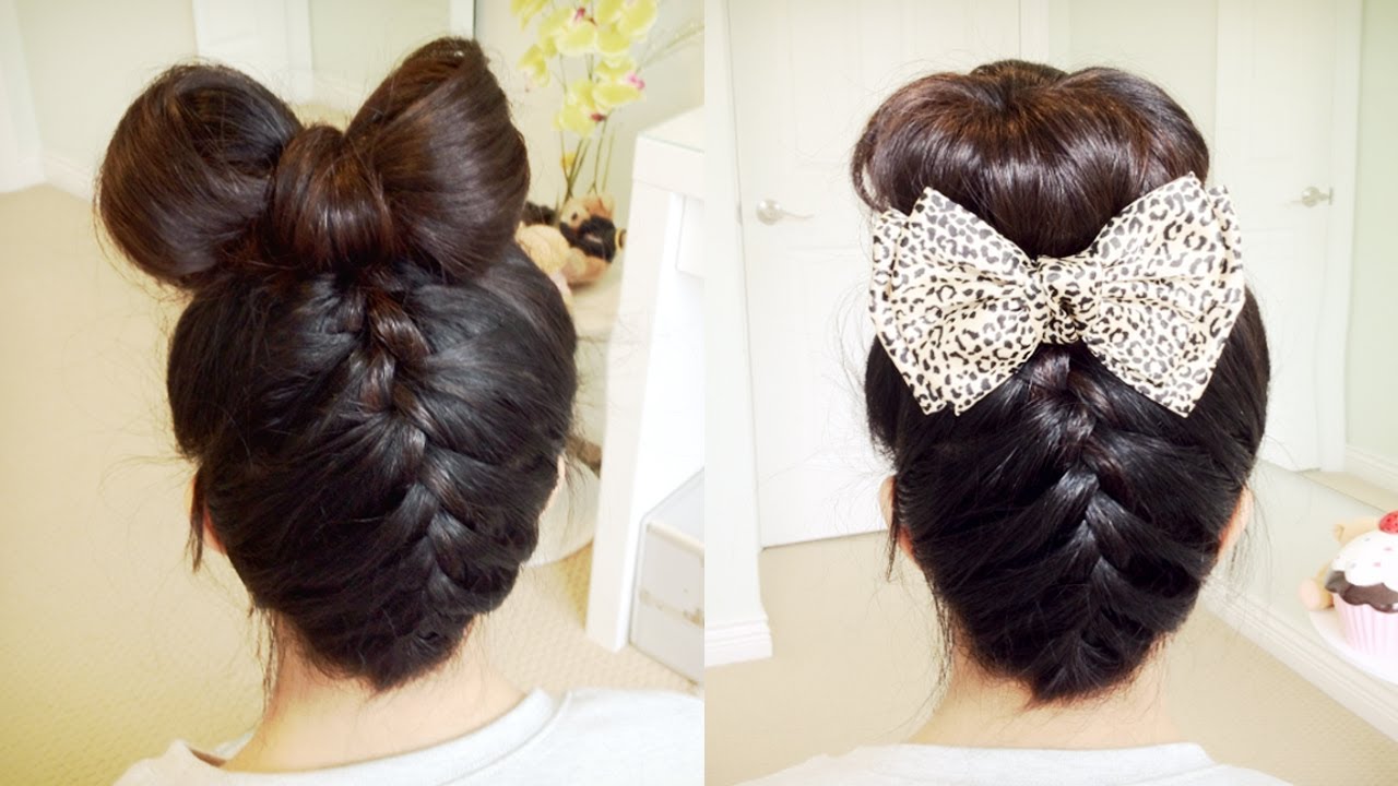Upside Down French Braid Hair Bow + Sock Bun Updo Hair Tutorial - Bebexo