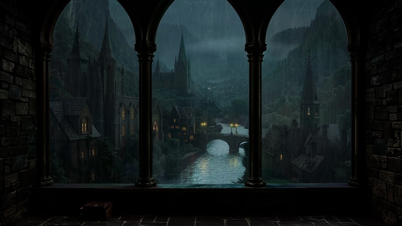 Rain Thunder Ambience from Castle Window 🌧️ Beat Insomnia, Focus on Study & Reading
