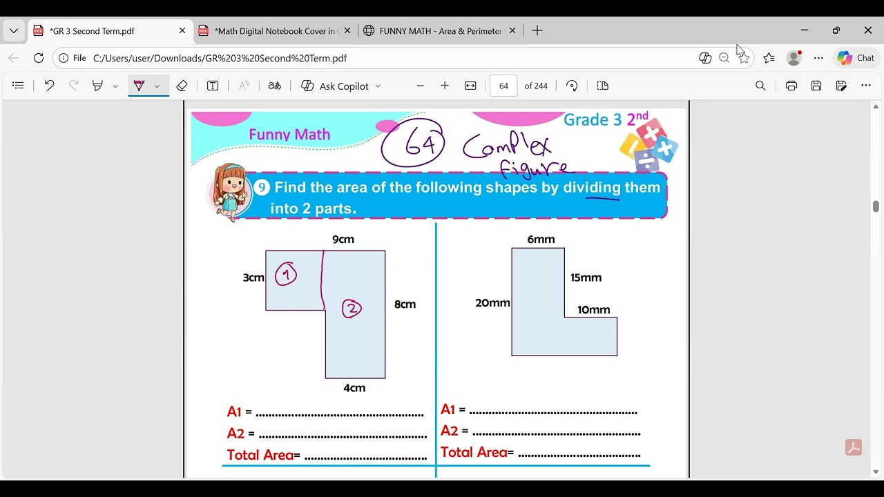 complex figure  For GR 3  To find A1 and A2 and Total Area#missfatma