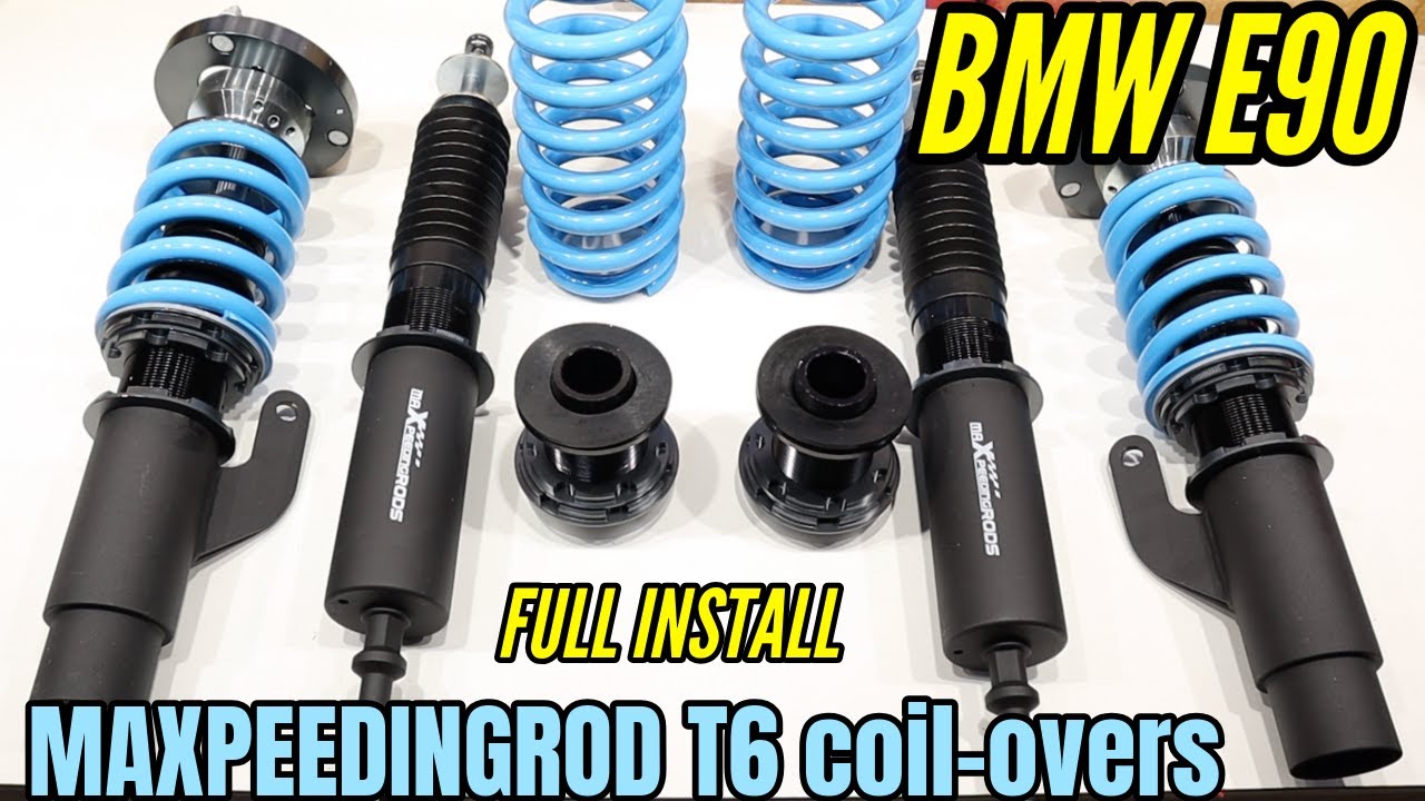 BMW E90 T6 coil-over kit install - Upgraded aftermarket MAXPEEDINGROD suspension how to - review