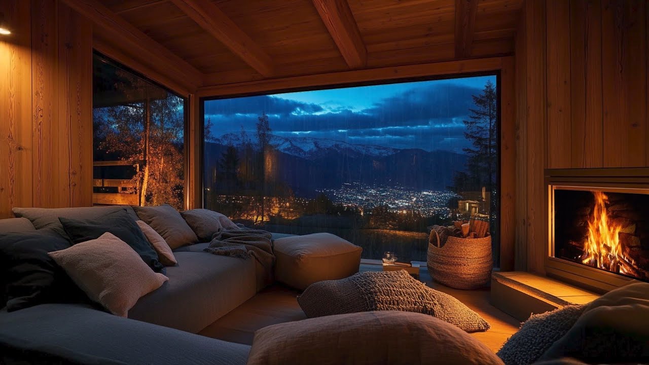 Rain & Thunder at Night | Cozy Cabin Fireplace with Sleeping Pets🔥