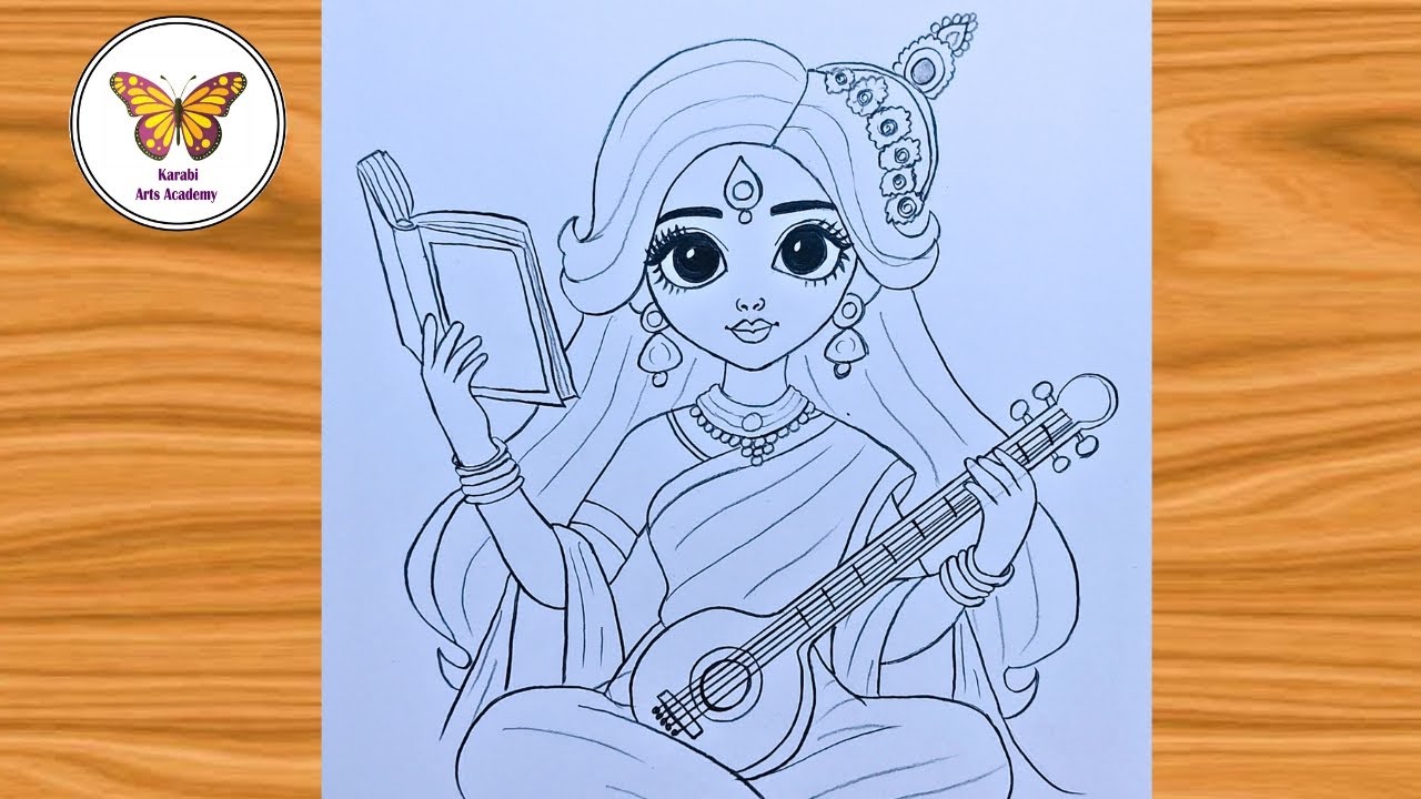 How to draw Saraswati Mata easy| basant Panchami drawing| chitra