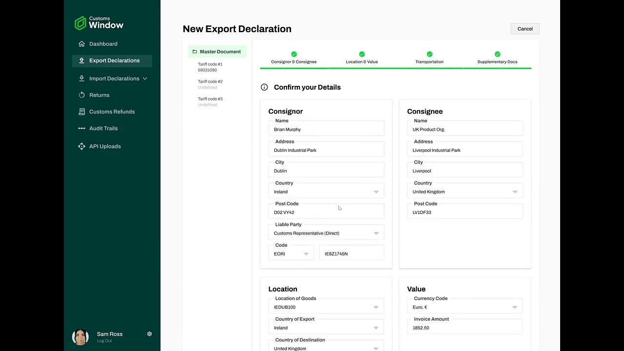 Customs Window Export Declaration Demo