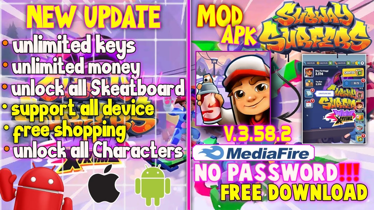 TERBARU!! SUBWAY SURFERS MOD APK V3.58.2 FREE SHOPPING | UNLIMITED MONEYS KEYS | SUPPORT ALL DEVICE