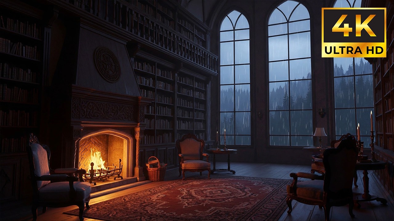 Rainy Library Fireplace 🔥🌧️ Cozy Study & Sleep Ambience with Crackling Fire | 4K