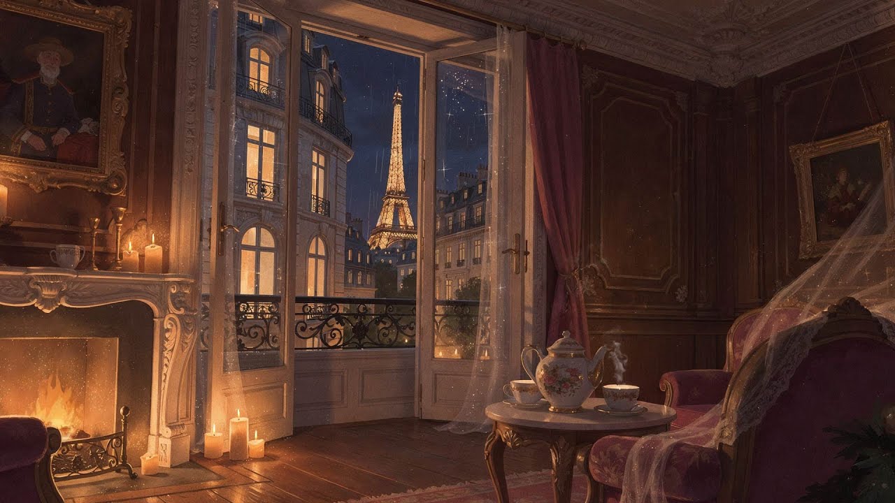 1930s Paris on a Rainy Night | Soft Vintage Records & Warm Fireplace