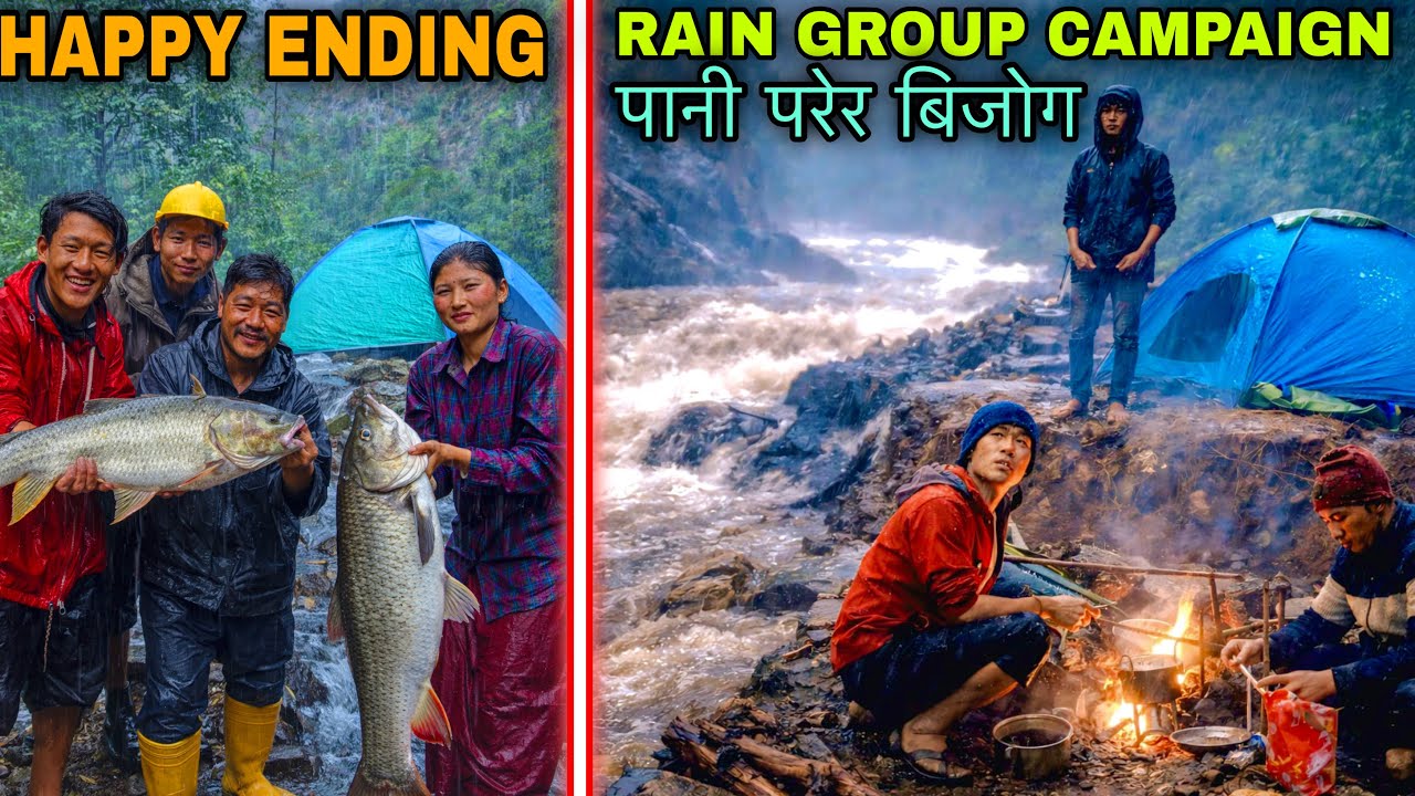 Rain Group Campaign and Fishing in Himalayan River ! Camping in Forest ! Fishing in Nepal ! Survival
