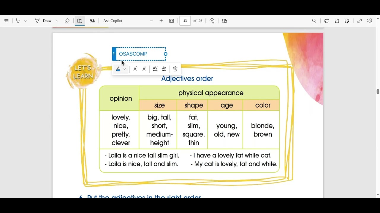 Adjectives Oder /الصف السادس #جيداء_صقر #moreenglishmorelove #المنهاج_السوري #سادس_ايمار