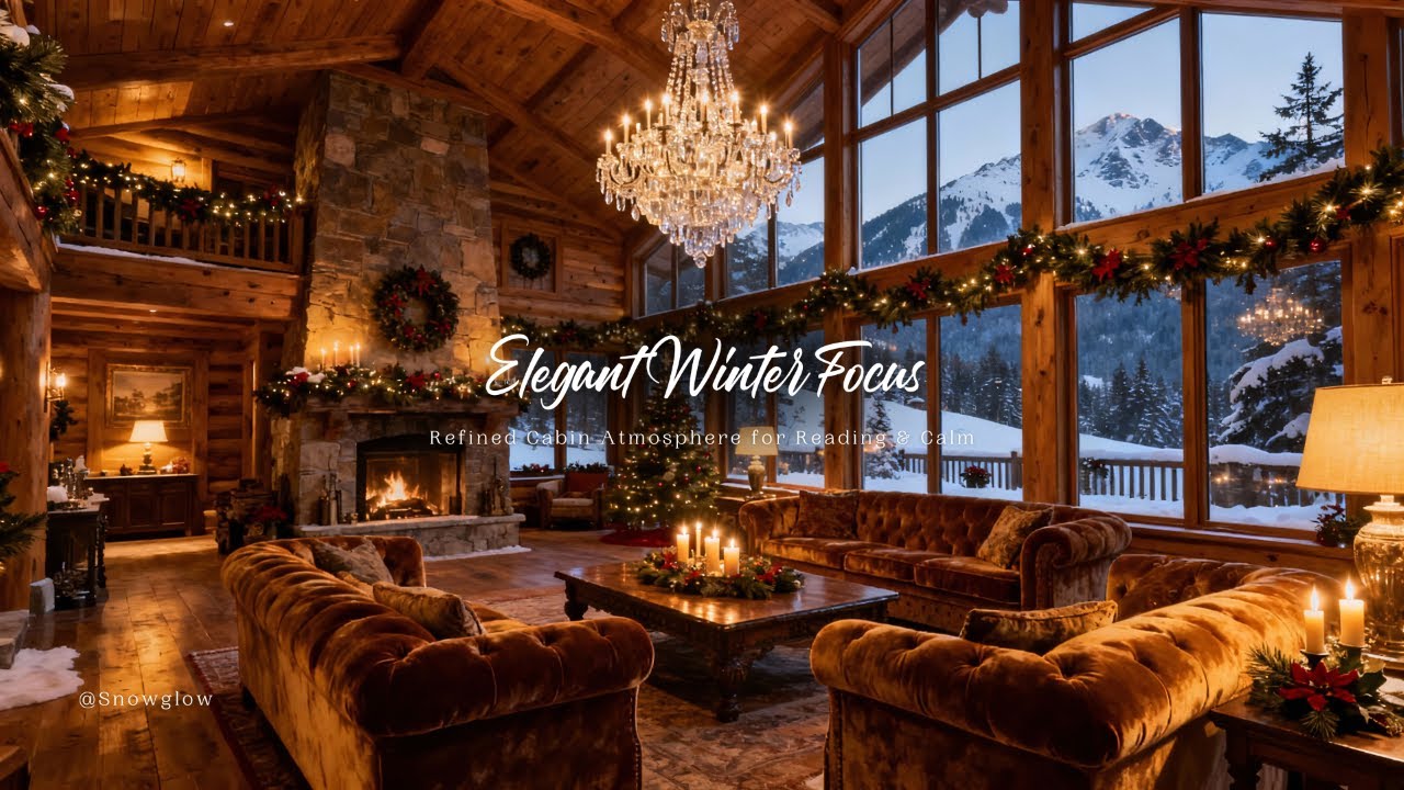 Elegant Fireside Ambience | Luxurious Cabin with Crackling Fire & Snow-Covered Views for Focus