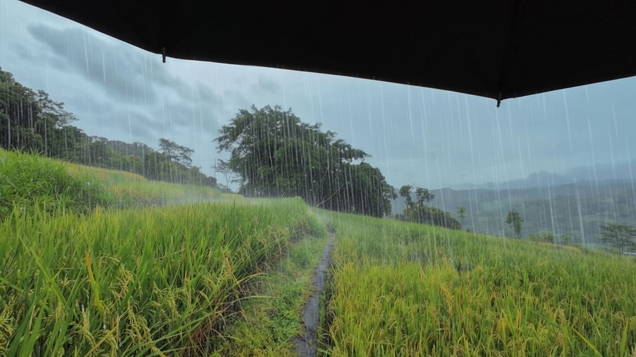 POV Walk through the Rain in Rice Fields - Relaxing Village Ambience