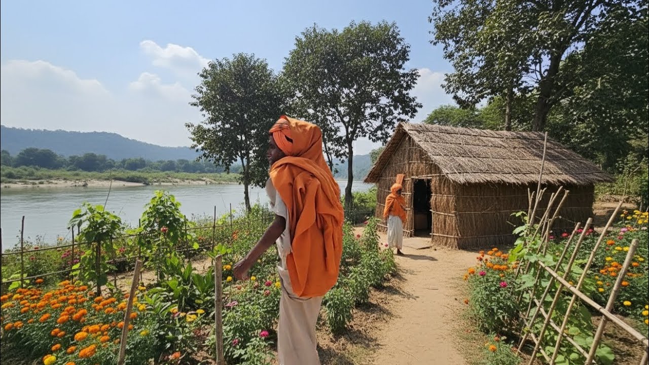 मंदाकिनी नदी किनारे घास की कुटिया में सिद्ध वृद्ध संत नंदू दास महाराज जी 