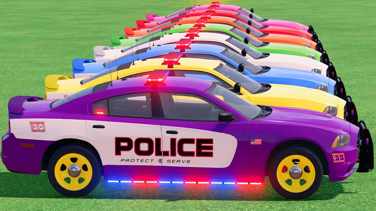 GO! POLICE CARS, AMBULANCE, FIRE TRUCK, COLORFUL CARS WITH TRUCK & TRAIN FARMING SIMULATOR 22! #129