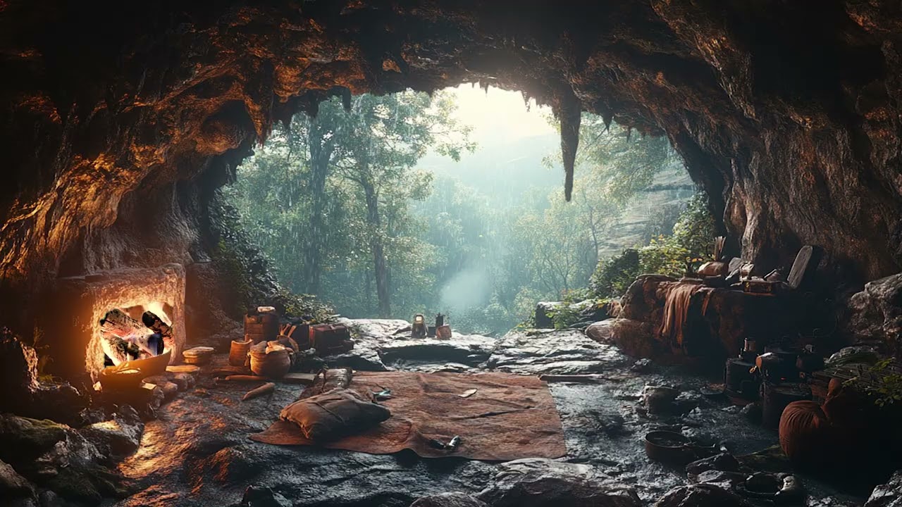 Rain Falling Around a Calm Cave Shelter | A Peaceful Soundscape for Stress Relief and Rest