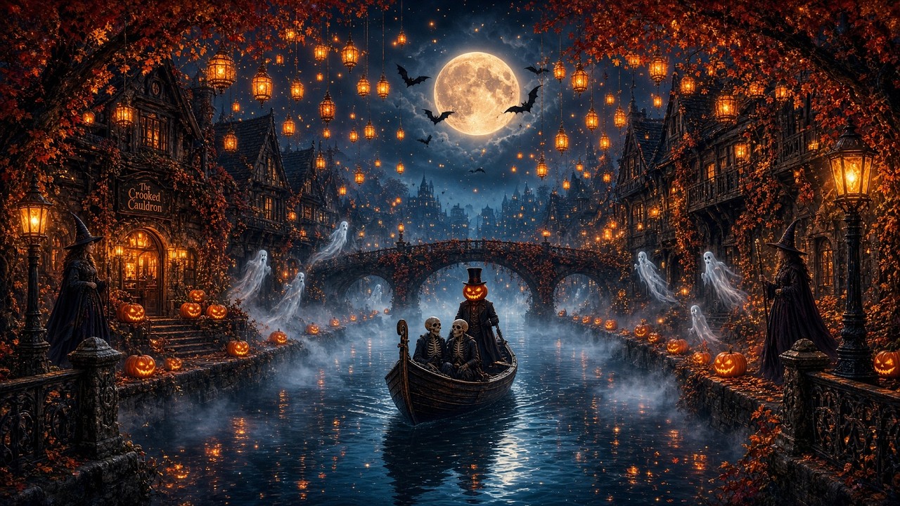 Relaxing Halloween Ambience 🎃 Autumn Riverside Spooky Village 👻 Haunted Sounds & Halloween Music