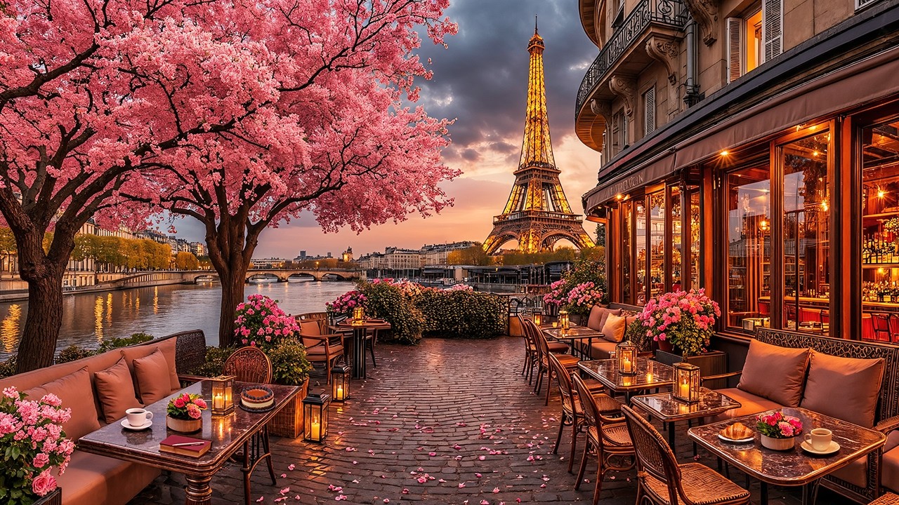 Cherry Blossom Sunset Jazz in Paris ☕ Eiffel Tower Caf&eacute; Ambience & Smooth Jazz for Study & Relax