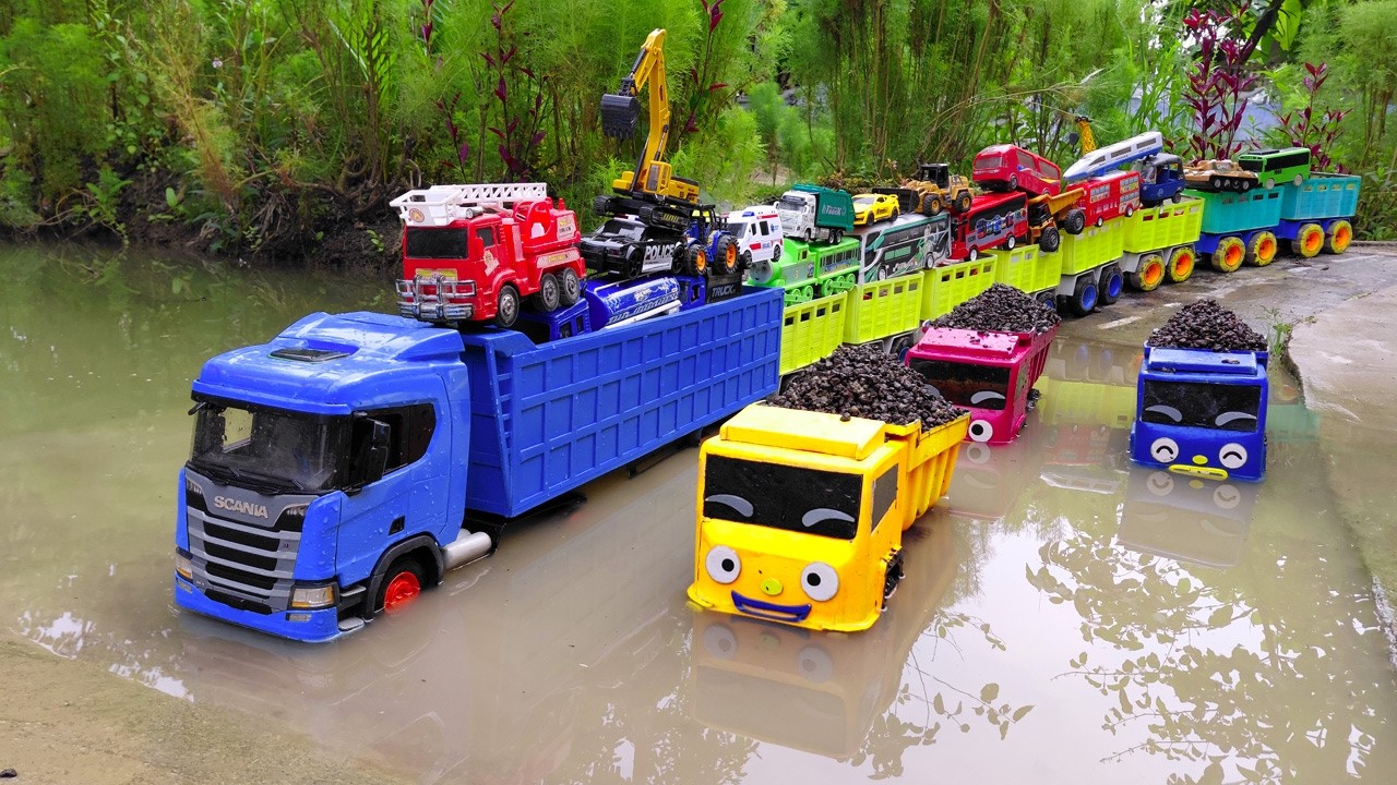 Mobil Truk Tronton Panjang Bongkar Mobil Mobilan, Excavator, Mobil Pemadam, Ambulans, Mobil Polisi