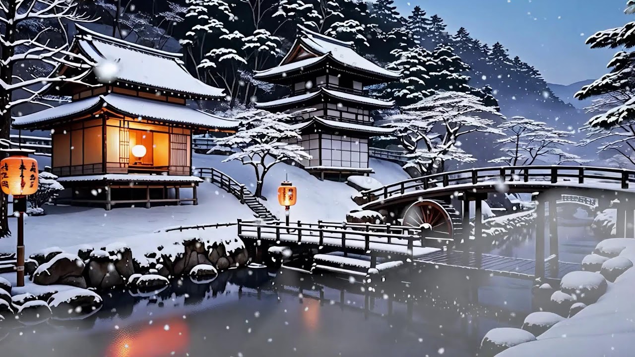 8h Ambient Zen | Music and Water Sounds for Sleep and Relaxation🌙 | 冬の水車瞑想音楽 | Thiền Mùa Đông Vol17