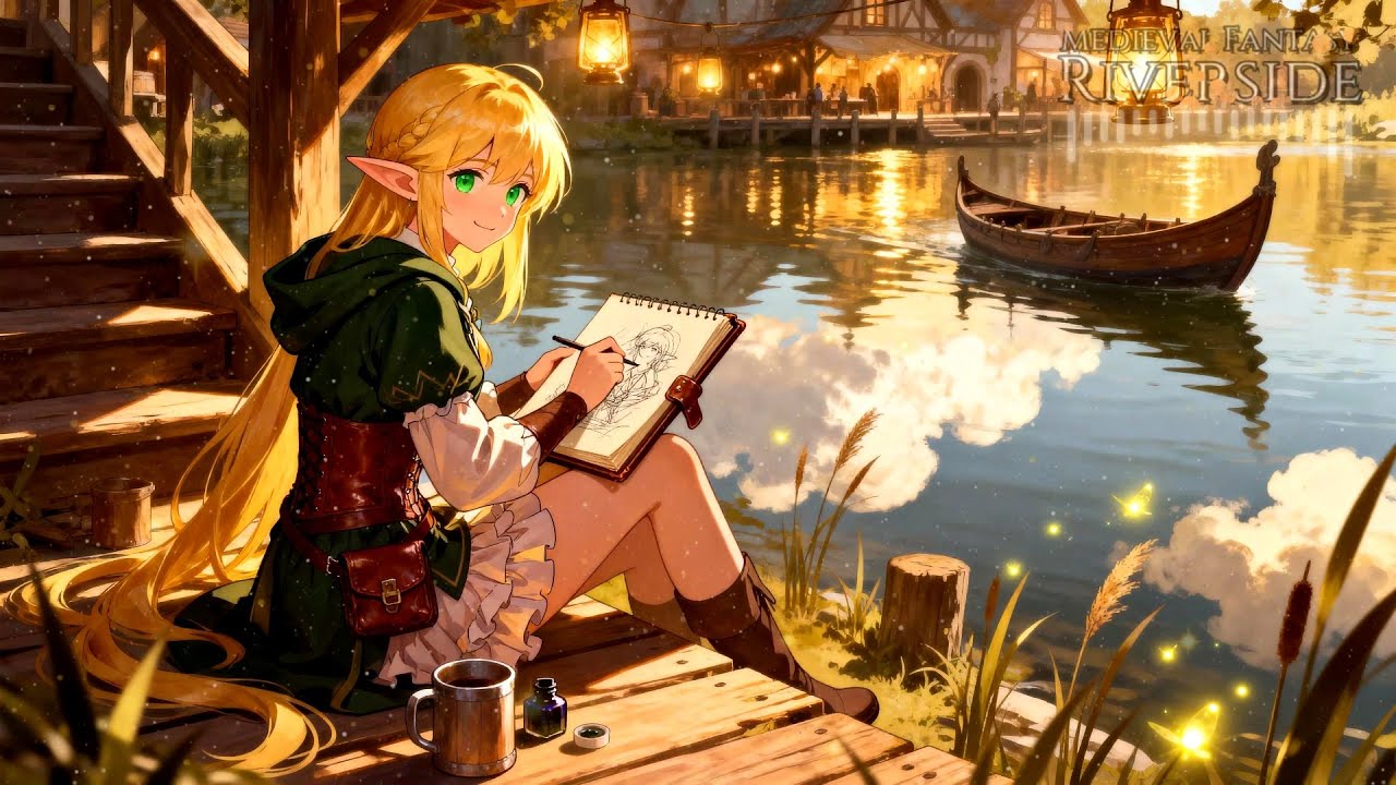 Starry Mead • Cozy Fantasy Inn Ambience and Crackling Fire • Medieval Fantasy Riverside