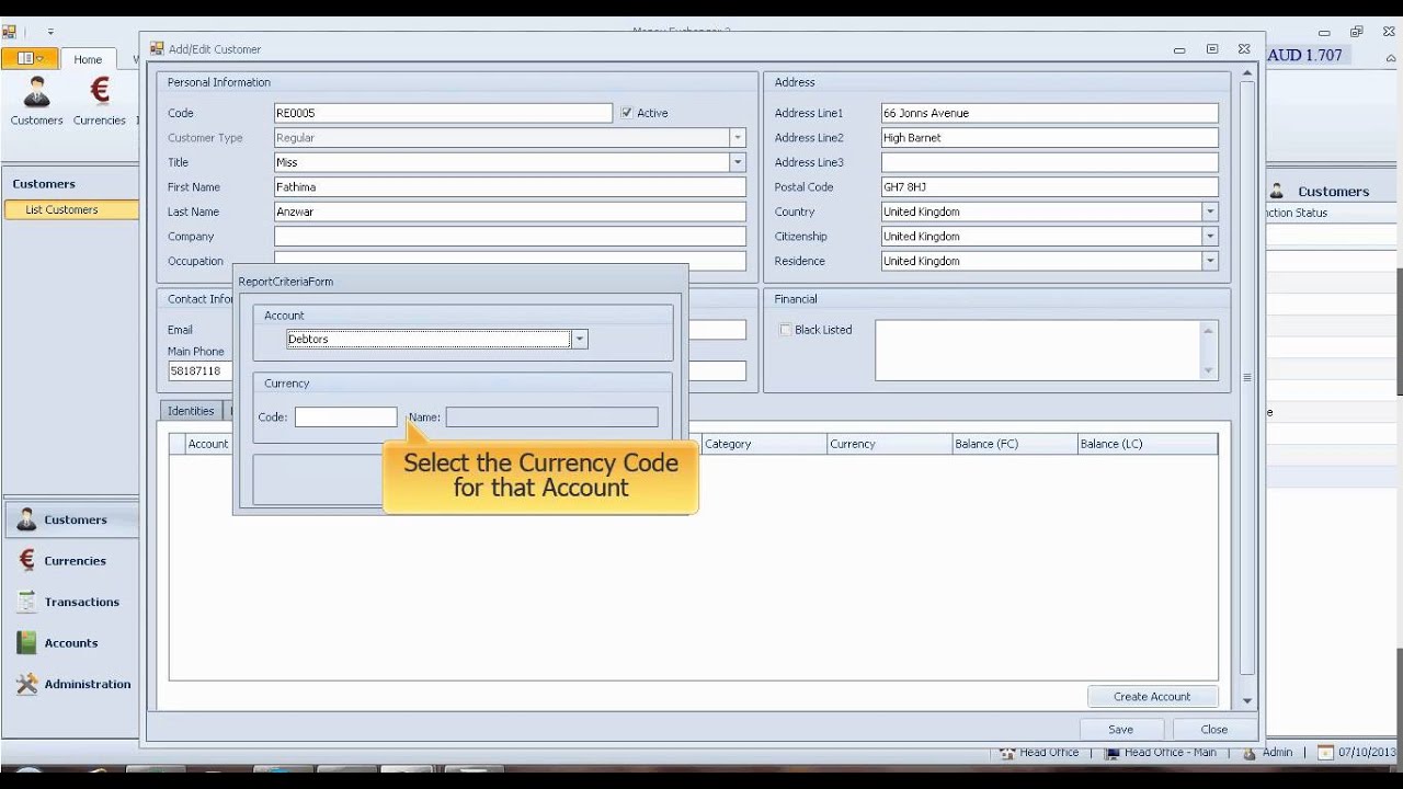 Money Exchange Software  - Create customer account