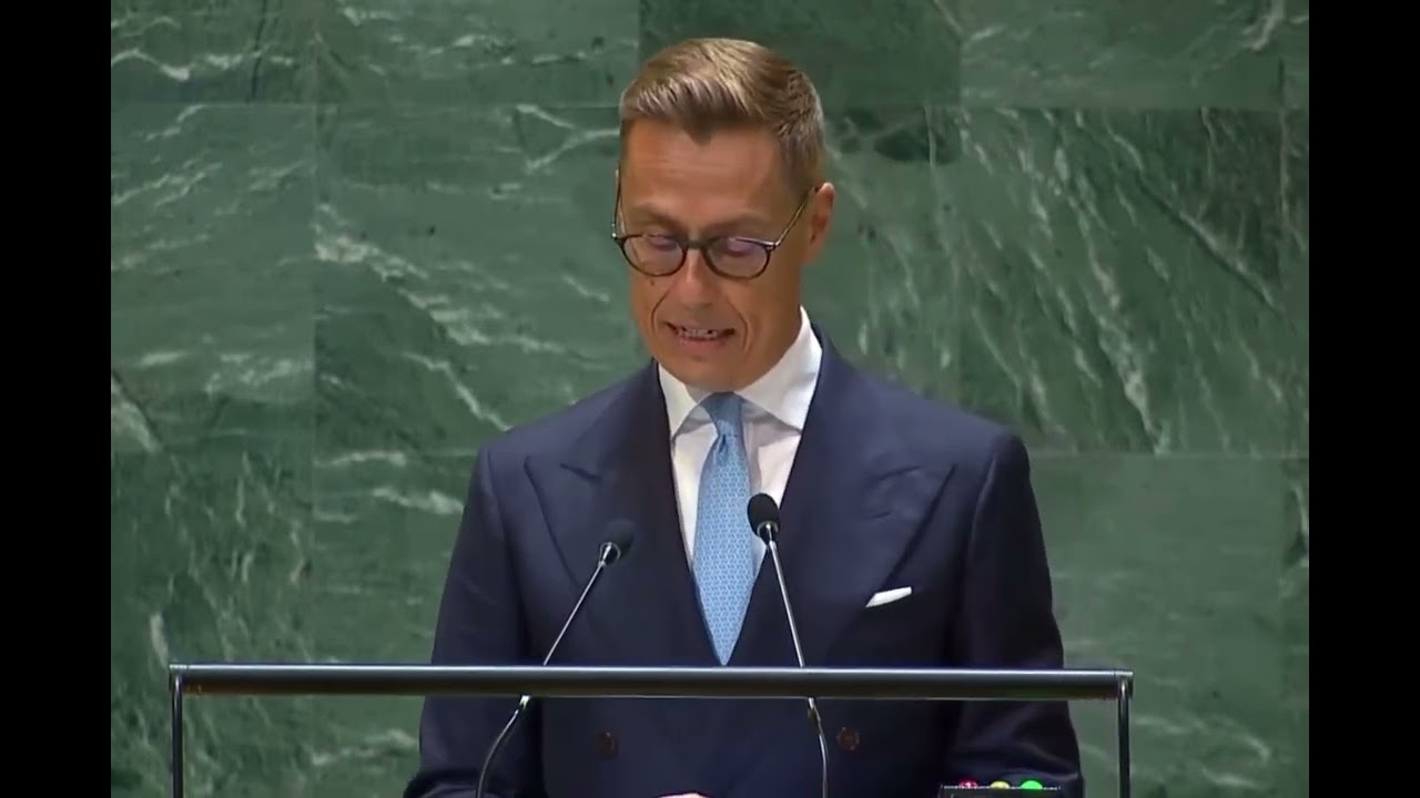 ALEX STUBB FINNISH PRESIDENT GIVES SPEECH AT UN GENERAL ASSEMBLY