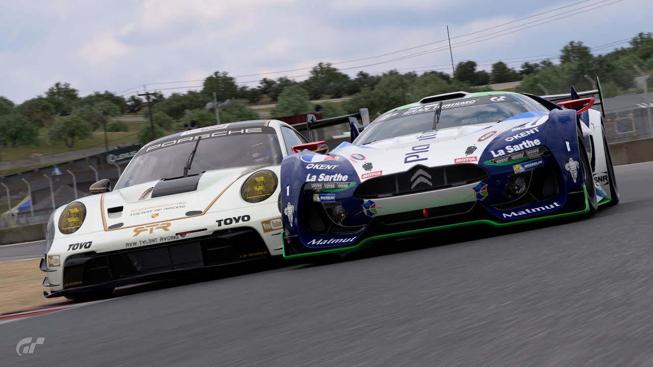 Chasing the leader while pushing too hard in the Citroen Gr.3 at Laguna Seca (Gran Turismo 7)
