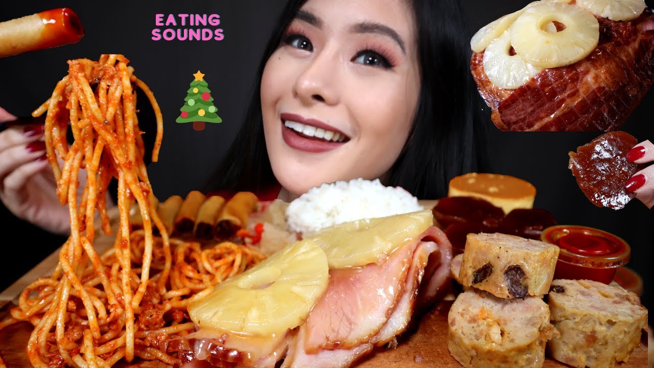 ASMR EATING FILIPINO CHRISTMAS FEAST | PINEAPPLE HAM(HOMEMADE), SPAGHETTI, EMBUTIDO, LECHE FLAN