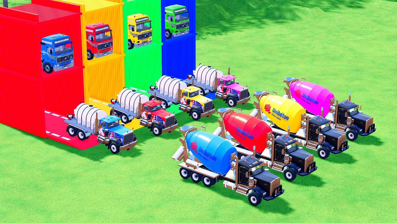 Garage with Colors - ALL MIXER TRUCK WITH DOUBLE FLATBED TRAILER TRUCK, MACK, FREIGHTLINER, SCANIA