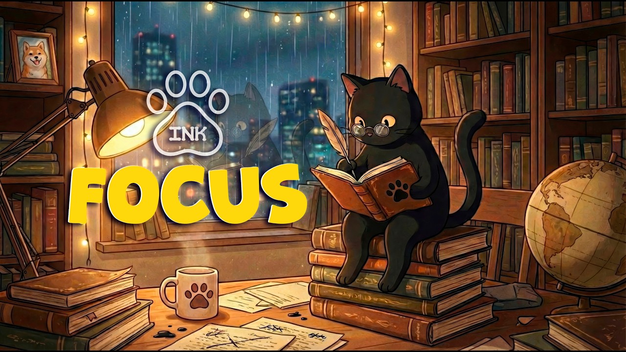 You’re Studying at 3AM with Ink the Writing Cat 🌧️ Rainy Library Lofi 4K (Rain Sounds) Deep Focus