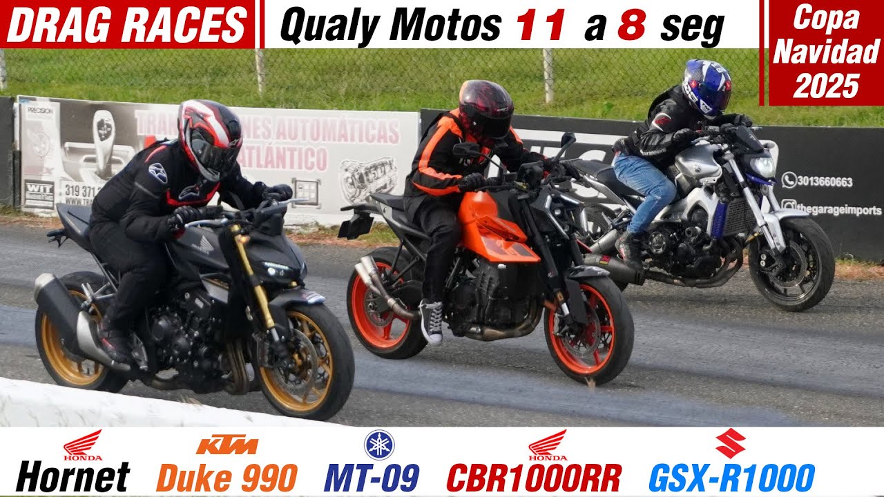 DRAG RACES ⏱️ Qualy: Hornet ❎ Duke 990 ❎ MT-09 ❎ CBR1000RR ❎ GSX-R1000 🔥 11 a 8 s Copa Navidad 2025