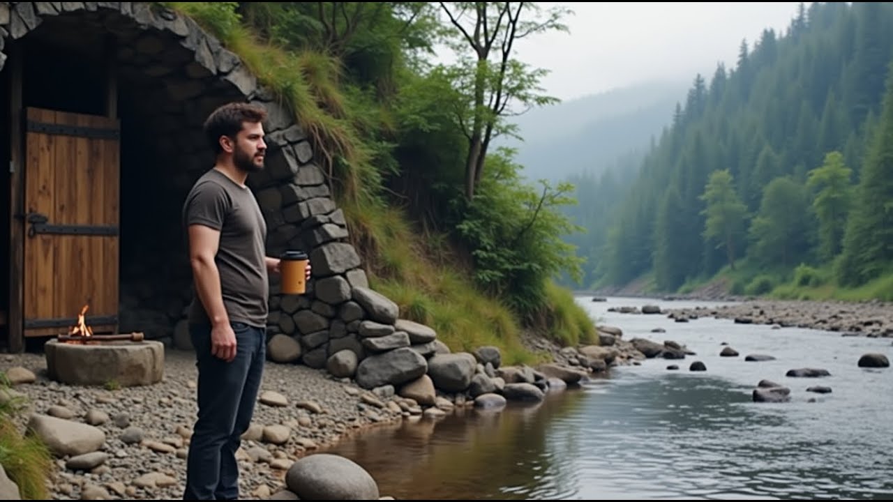 Bushcraft Survival by the Stream – Stone and Wood Underground Shelter