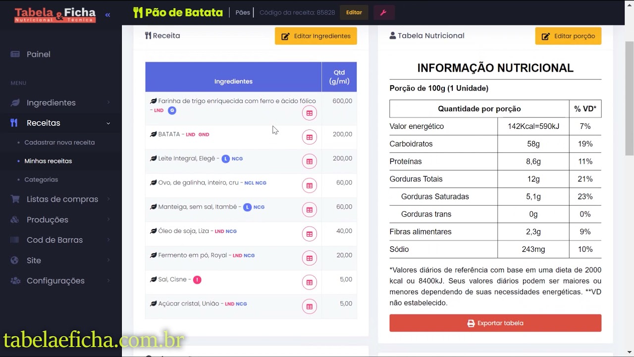 Crie sua tabela nutricional para seu rótulo