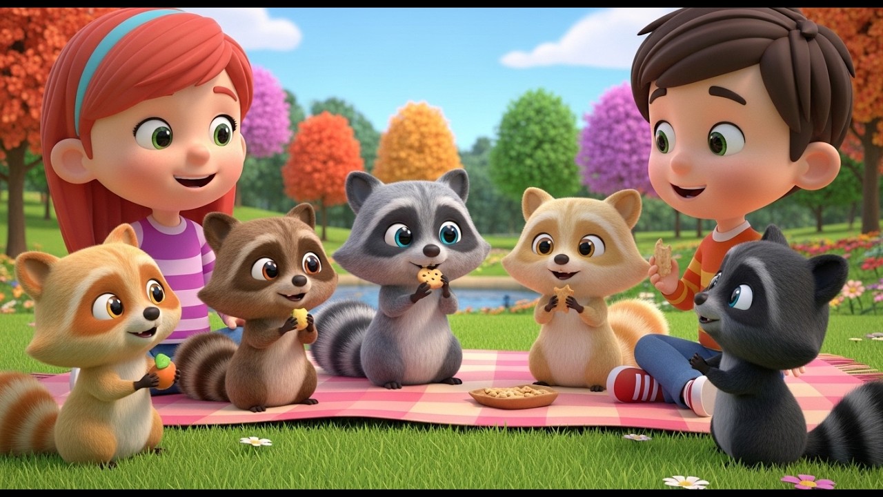 Cinco Amiguinhos Guaxinins Lanche, Lanche | Rima de Animais e Hábitos Alimentares