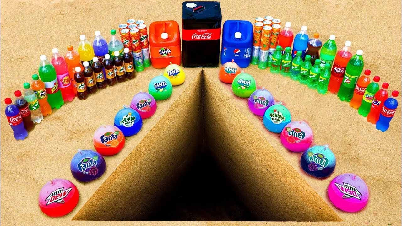 EXPERIMENT: Big Eruption from Triangle pit, Big Coca, Fanta, Pepsi, Mirinda, Swecher Soda vs Mentos