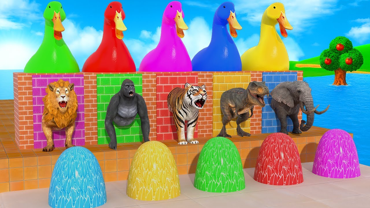Long Slide Game With Giant Ducks Cow Elephant Gorilla Dinosaur  3d Animal Game Funny 3d Animals