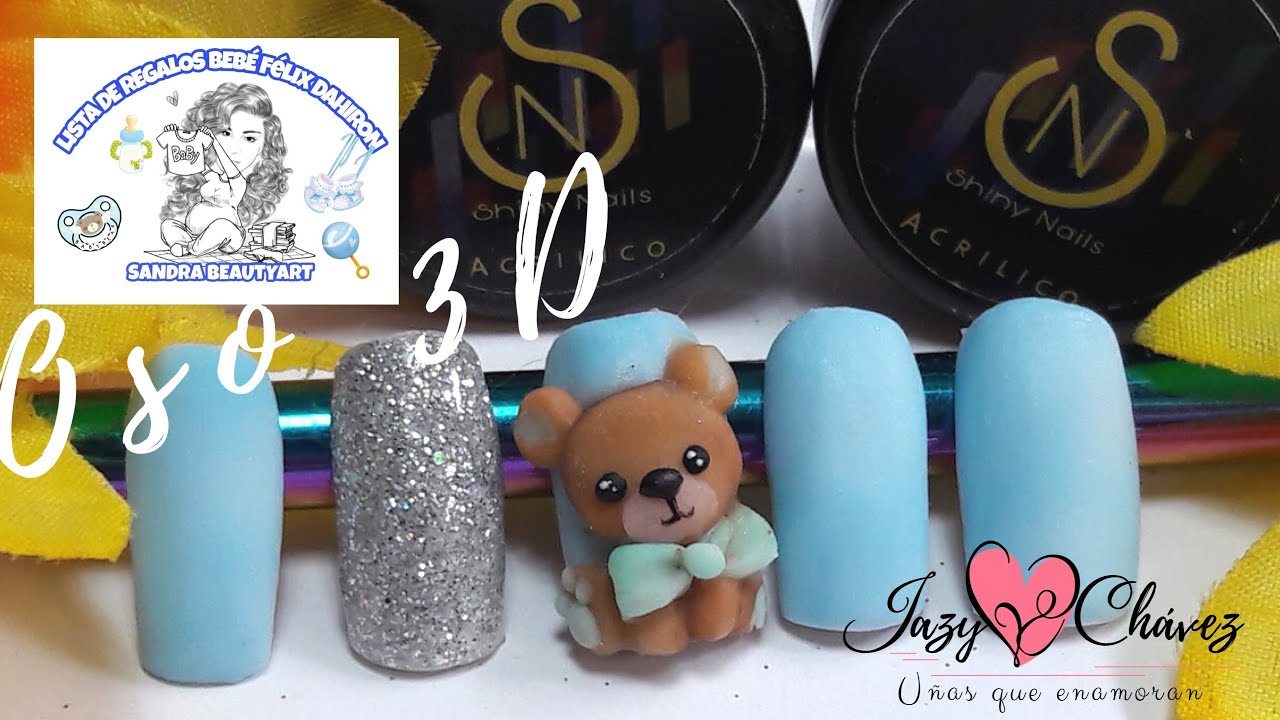 Uñas cortas con OSO 3D bienvenido bebe Felix Dahirom  👶💙💚💙🙏🙏acrílicos SHINY NAILS