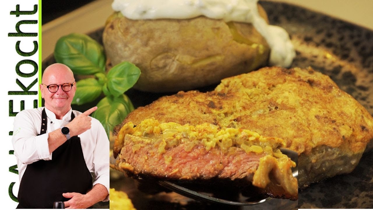 Rumpsteak Strindberg mit Zwiebel-Senfkruste rosa in der Pfanne braten.