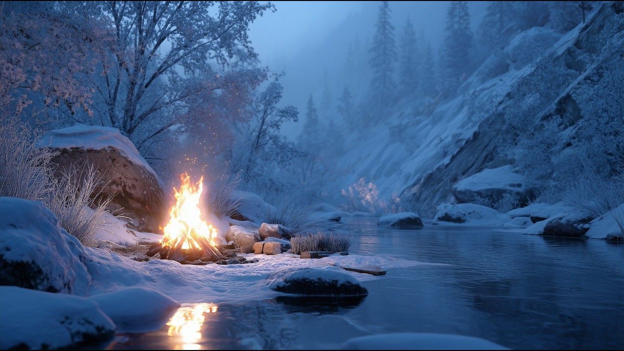 10 Hours of Cozy Winter Campfire by a Frozen River ❄️🔥  Relaxing Fire Sounds for Sleep & Study