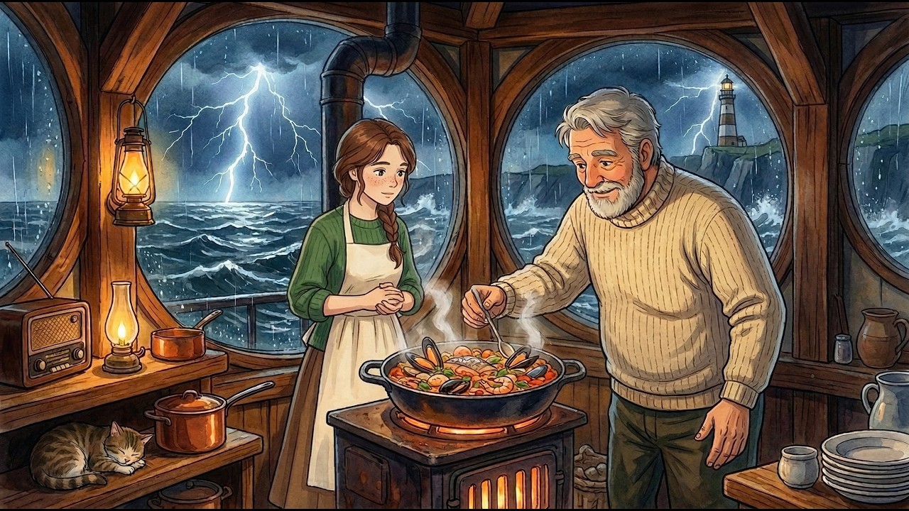 Single Parent Life Of A Lighthouse Keeper,Stormy Night & Seafood | Cooking ASMR | Ghibli Style Video