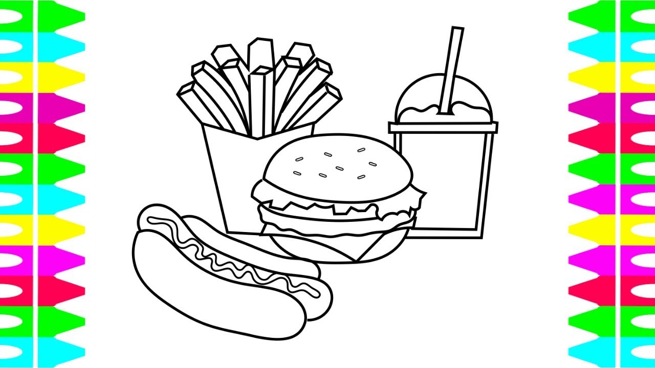 How to DRAW and COLOR for KIDS| Fast Food|Yummy Cheeseburger, French Fries, Chocolate Shake,Hot Dog