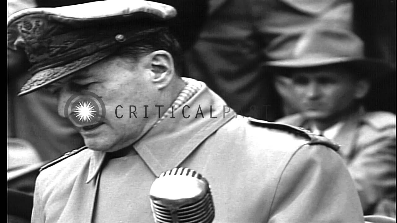Douglas MacArthur, General of US Army, talks about Soviet military designs and Am...HD Stock Footage