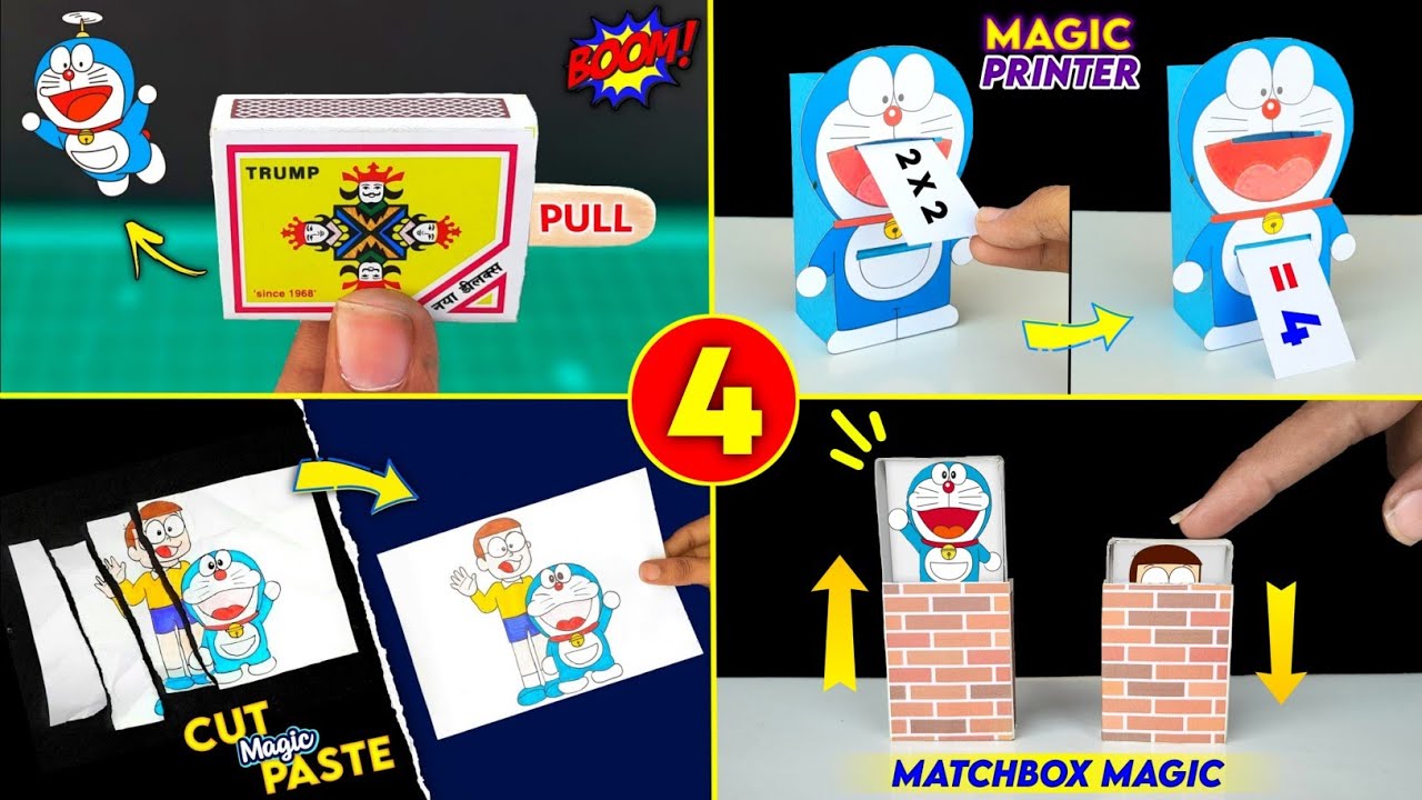 4 Amazing Doraemon homemade toys , how to make a magic printer , matchbox magic trick , pop up toy