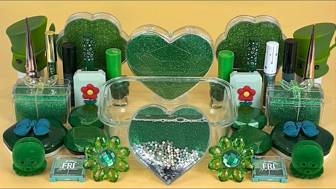 GREEN SLIME. Mixing makeup and glitter into Clear Slime. Satisfying Slime Videos 2160p.